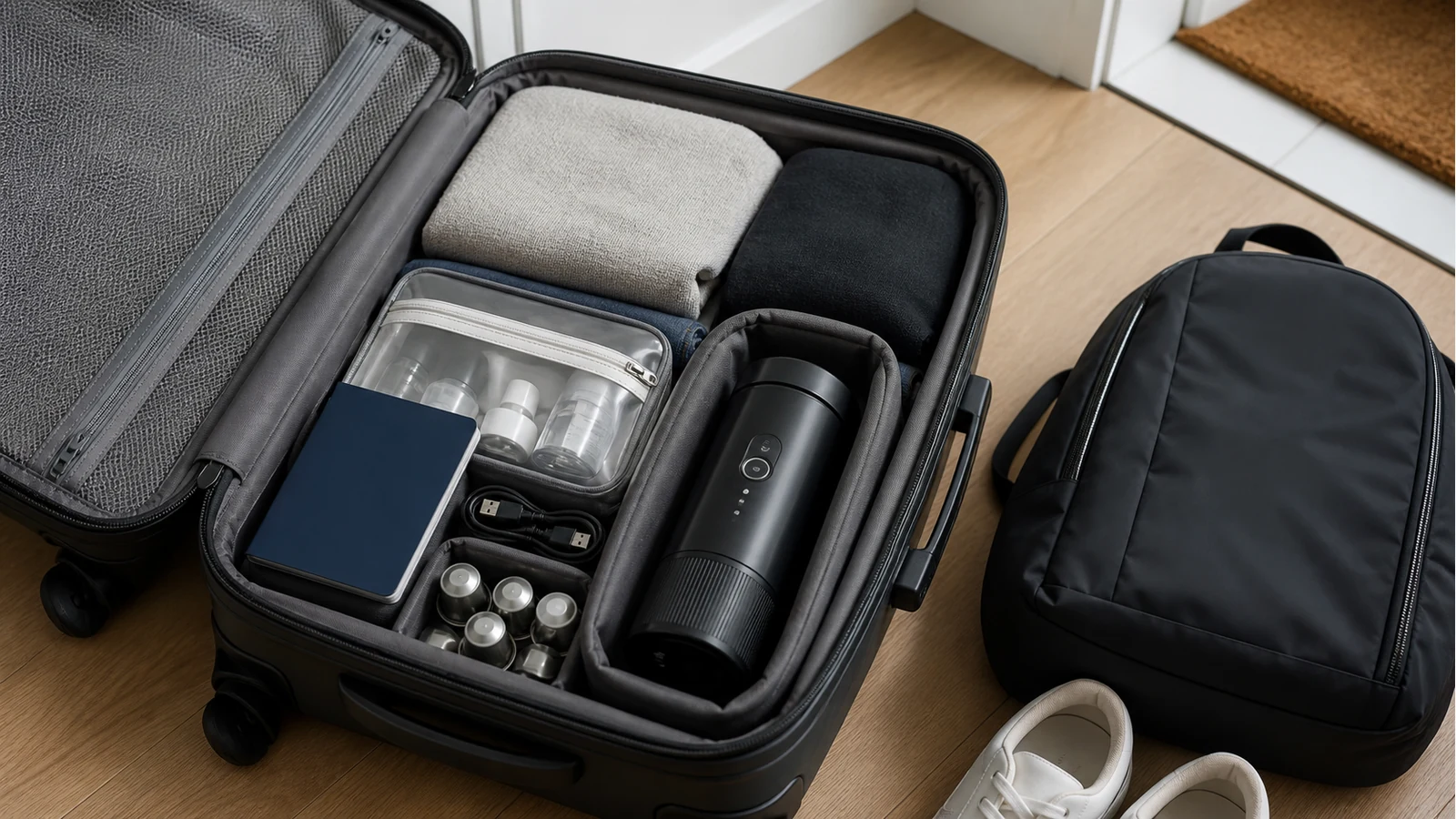 Battery portable espresso packed in a UK cabin bag with travel documents nearby