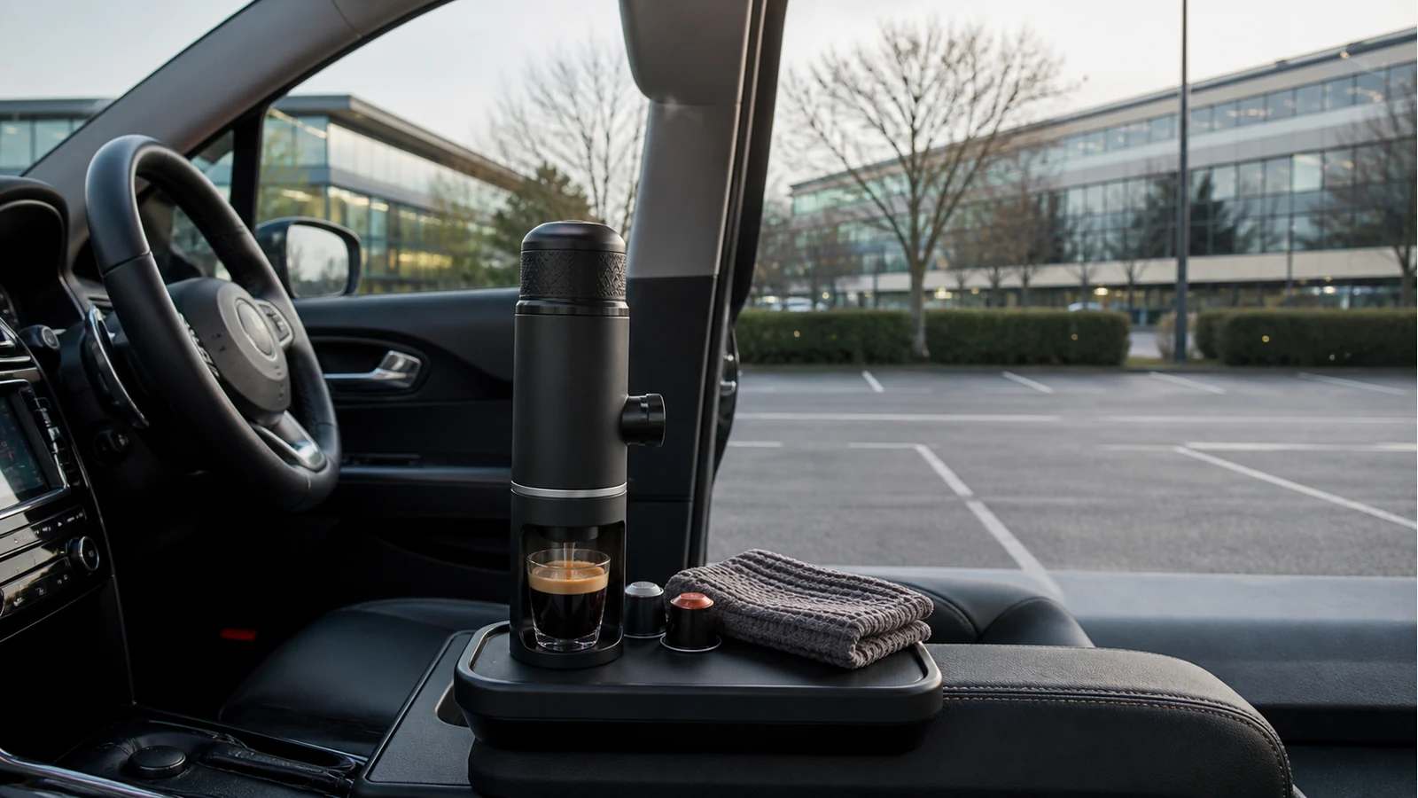 Stationary UK car commute espresso prepared after parking before an office walk-in