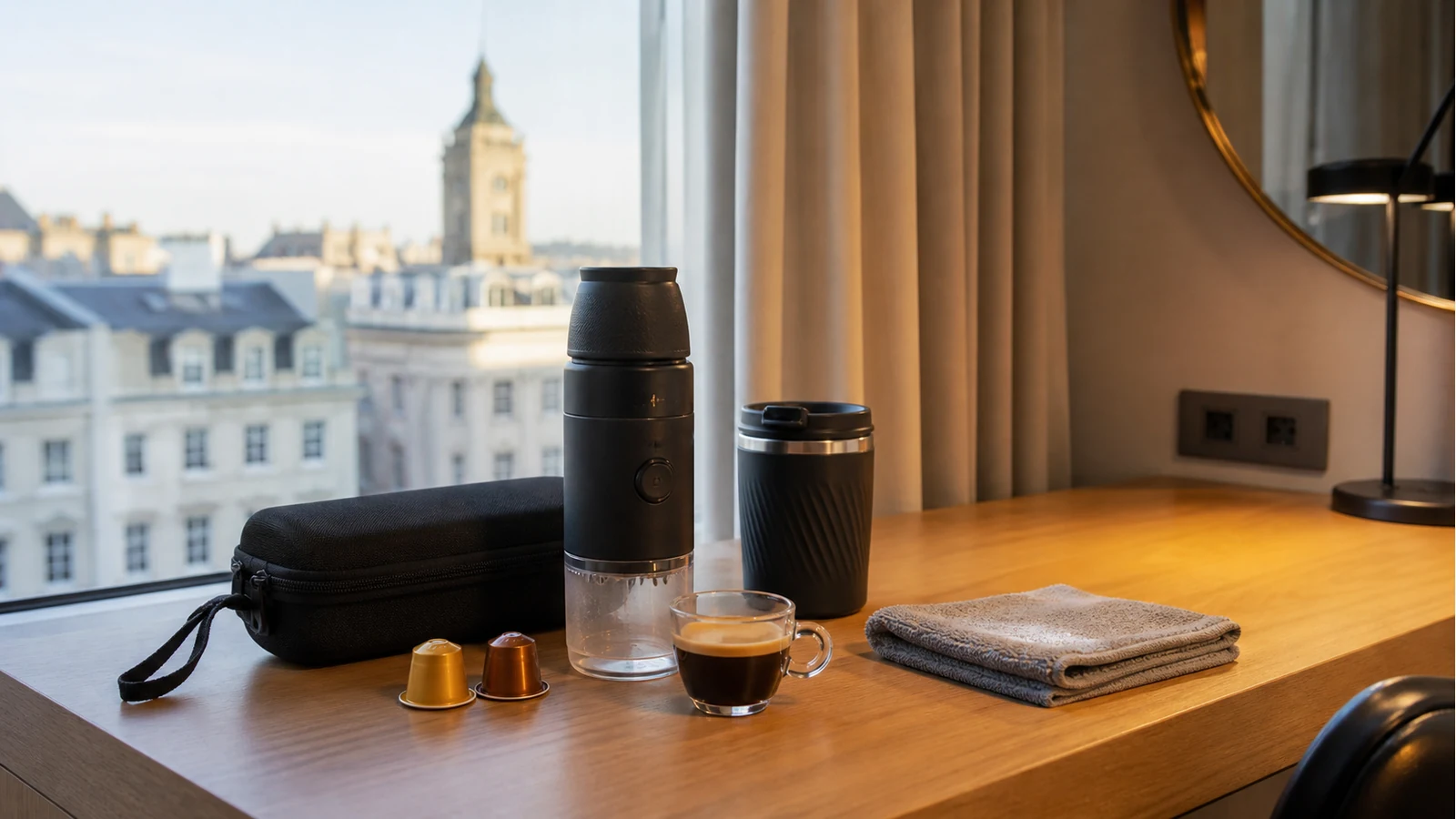Self-heating portable espresso set up on a UK hotel room desk without a kettle