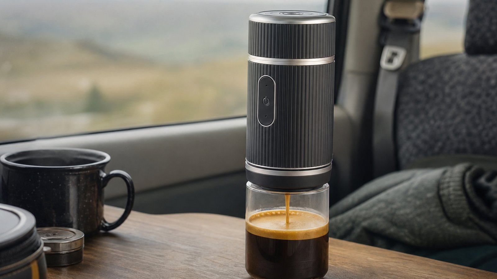 Portable electric espresso maker in a UK travel lifestyle scene