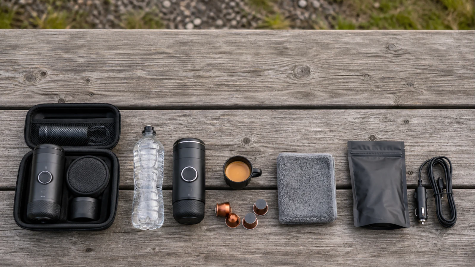 Camping checklist flat lay with portable espresso, capsules, water bottle and 12V charger
