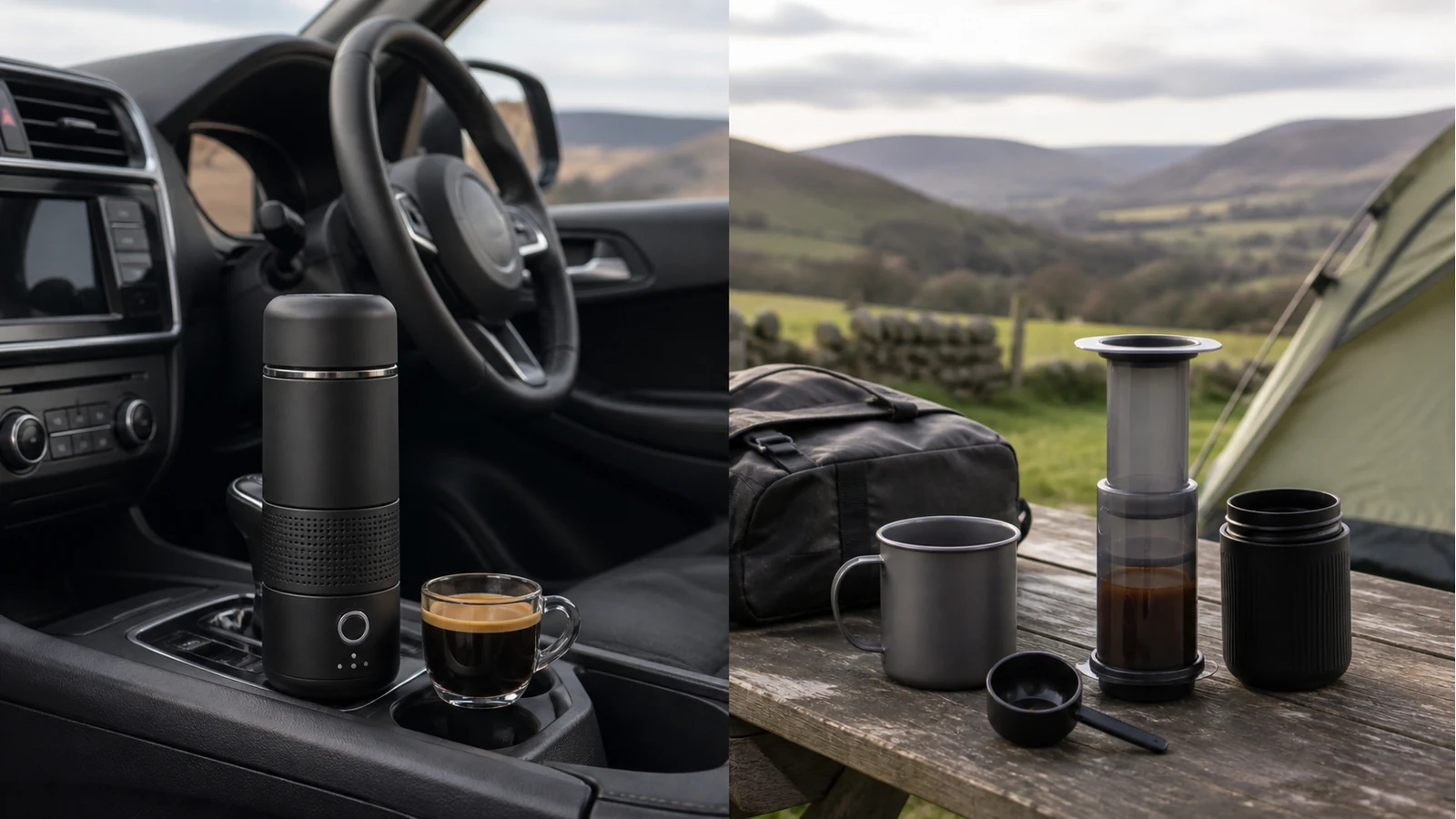 Self-heating portable espresso in a UK car cup holder compared with an AeroPress travel kit at a campsite
