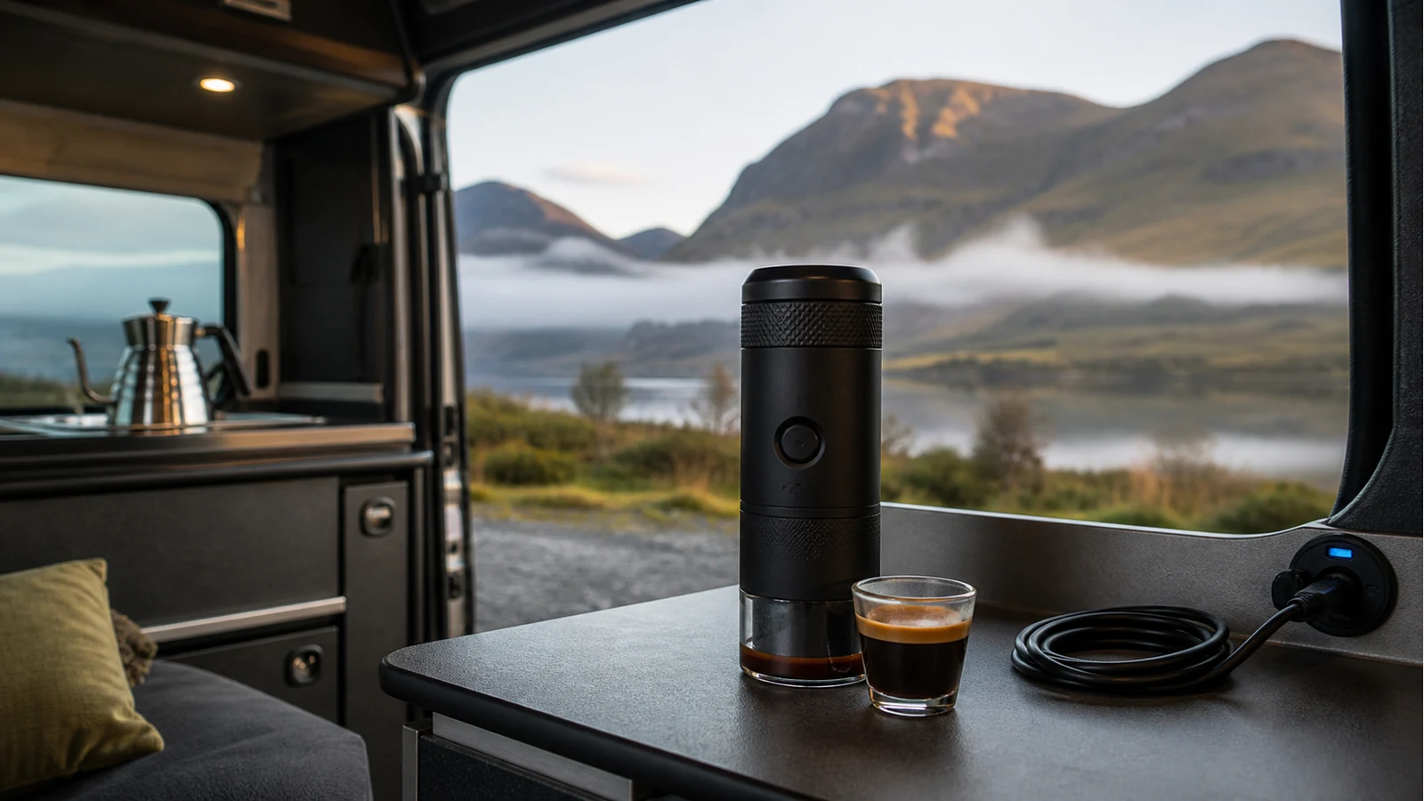 Portable espresso machine ready beside a 12V socket inside a UK campervan